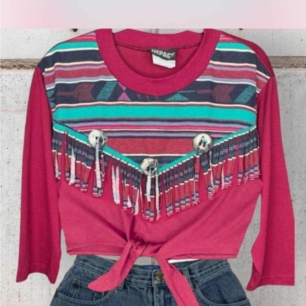 Vintage 80s Western Fringe Top Magenta Southwestern Concho Tee Size L